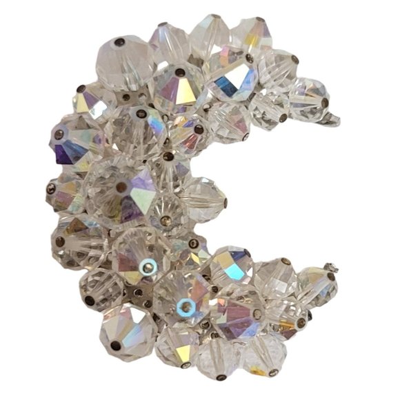 Silver Tone AB Cluster Beaded Crescent Moon Style Brooch Pin E20 - Picture 6 of 11